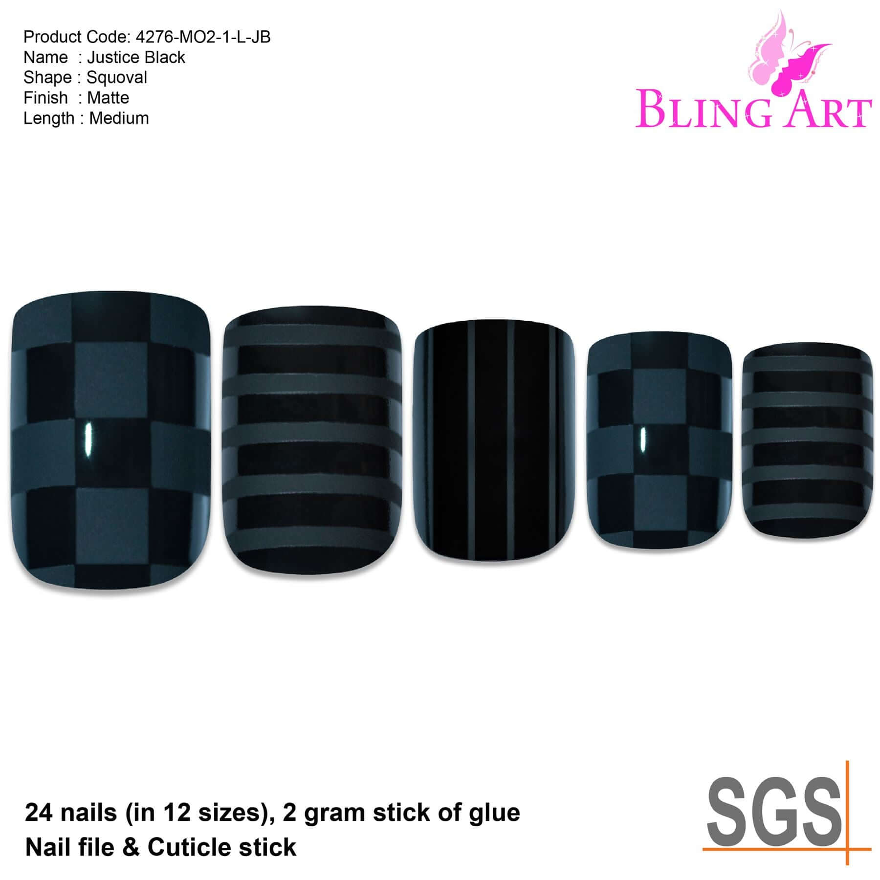 False Nails Bling Art Matte Black 24 French Manicure Fake Medium Tips with Glue