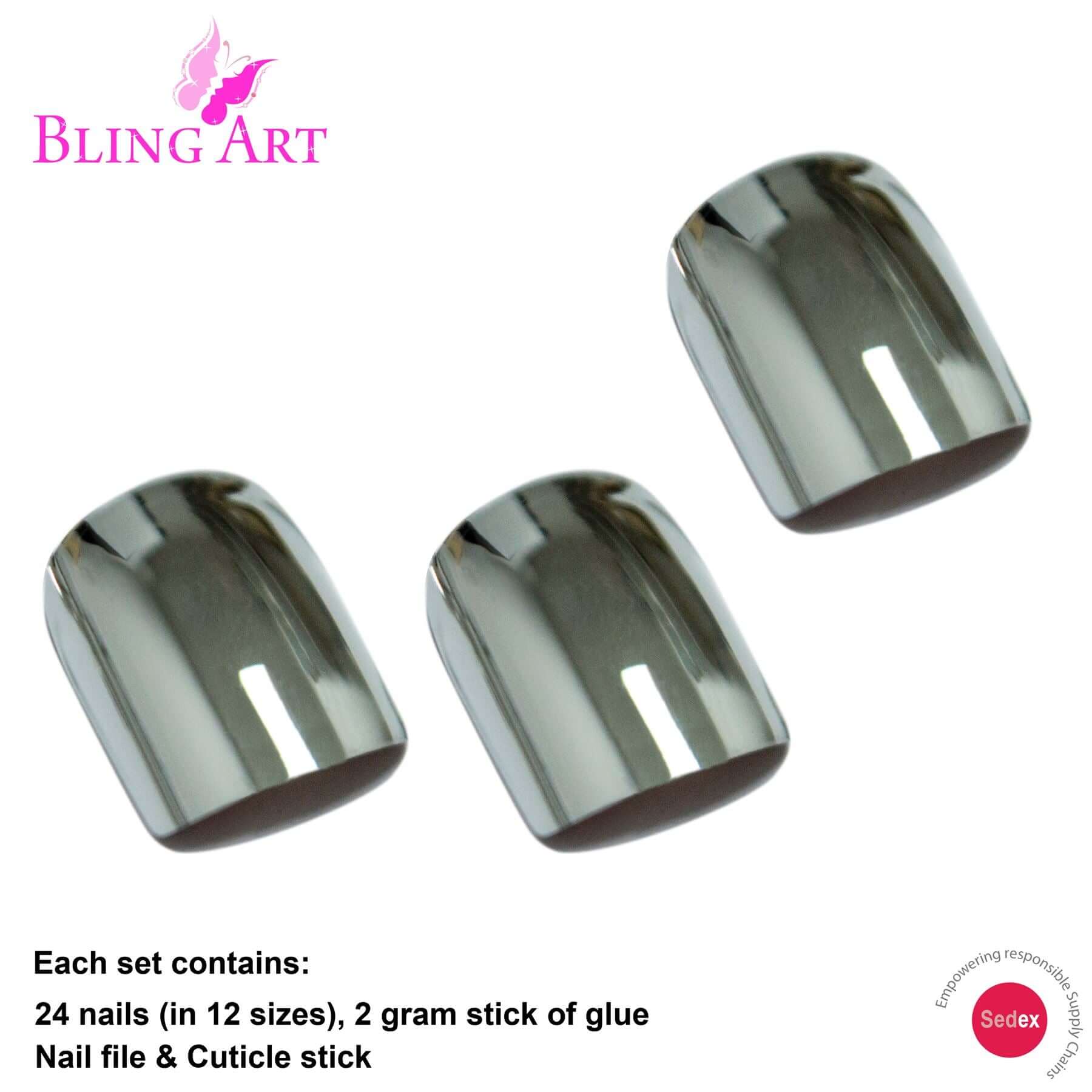 False Nails by Bling Art Silver Chrome French Squoval Fake Medium Acrylic Tips