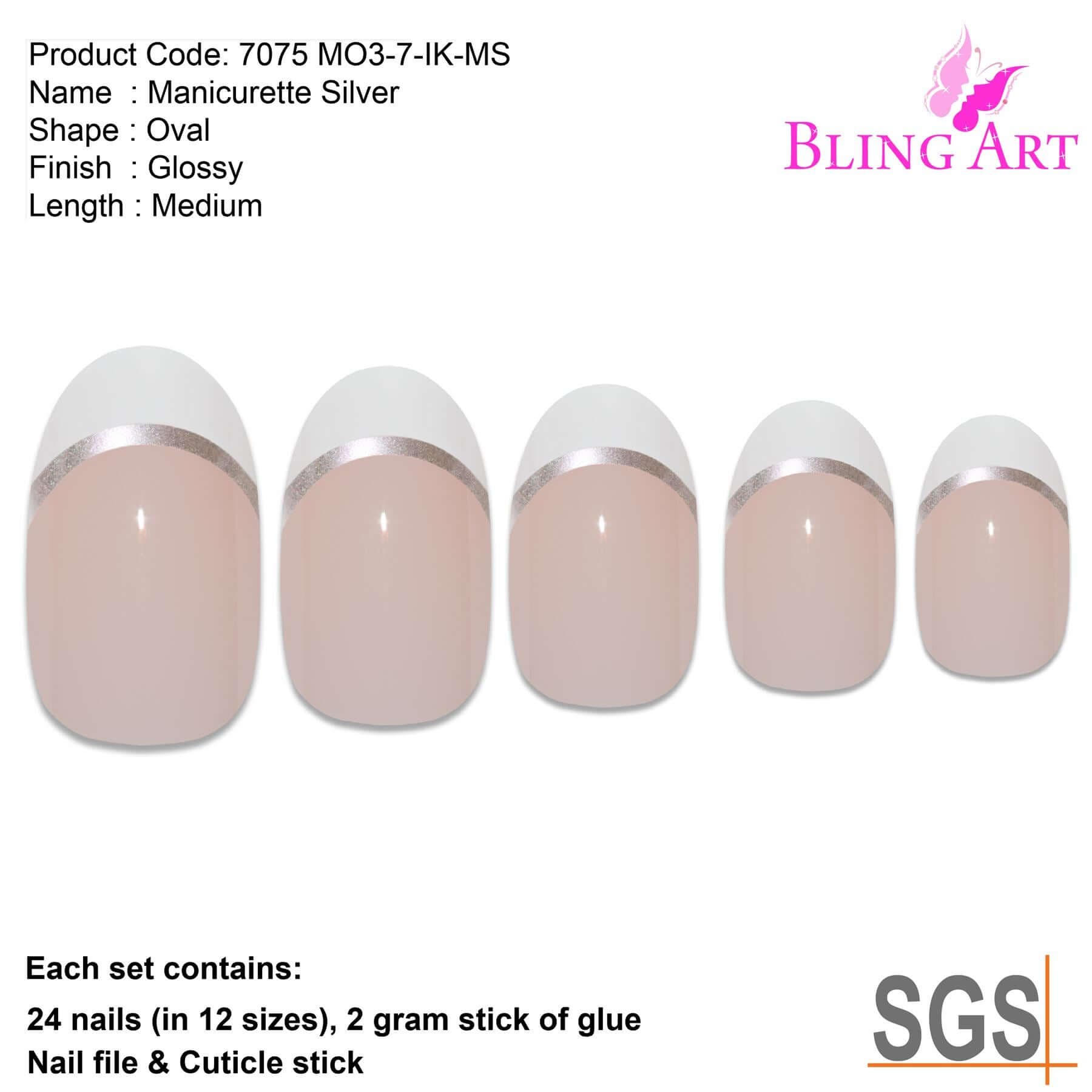 False Nails by Bling Art White Silver Polished Oval Medium Fake 24 Nail Tips