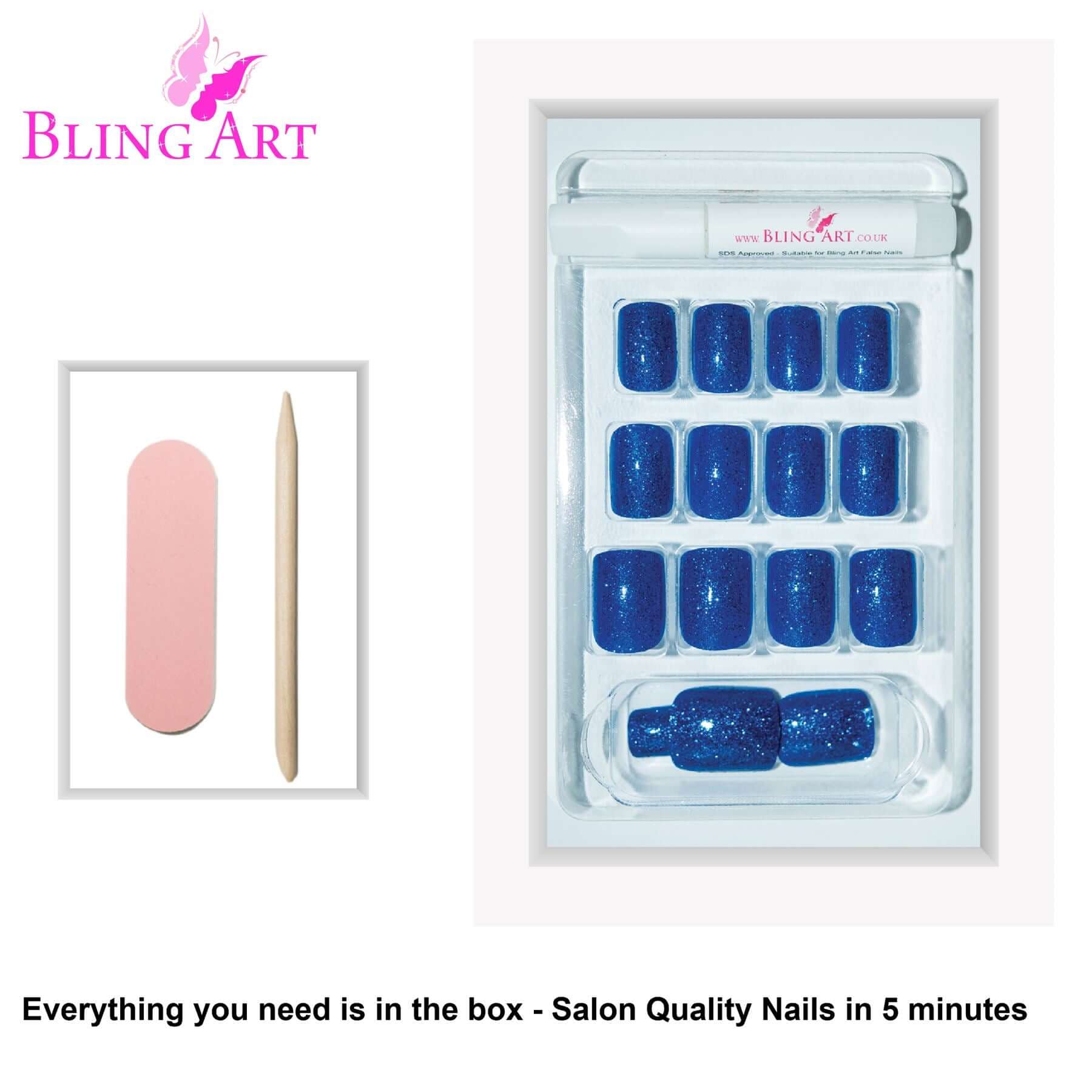 False Nails by Bling Art Blue Gel French Manicure Fake Medium Tips with Glue