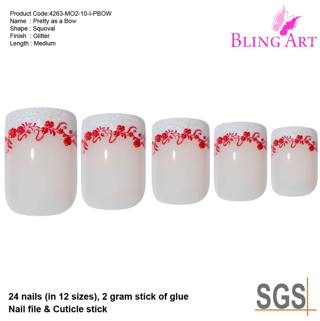 False Nails by Bling Art White Red Glitter Medium Tips With Glue