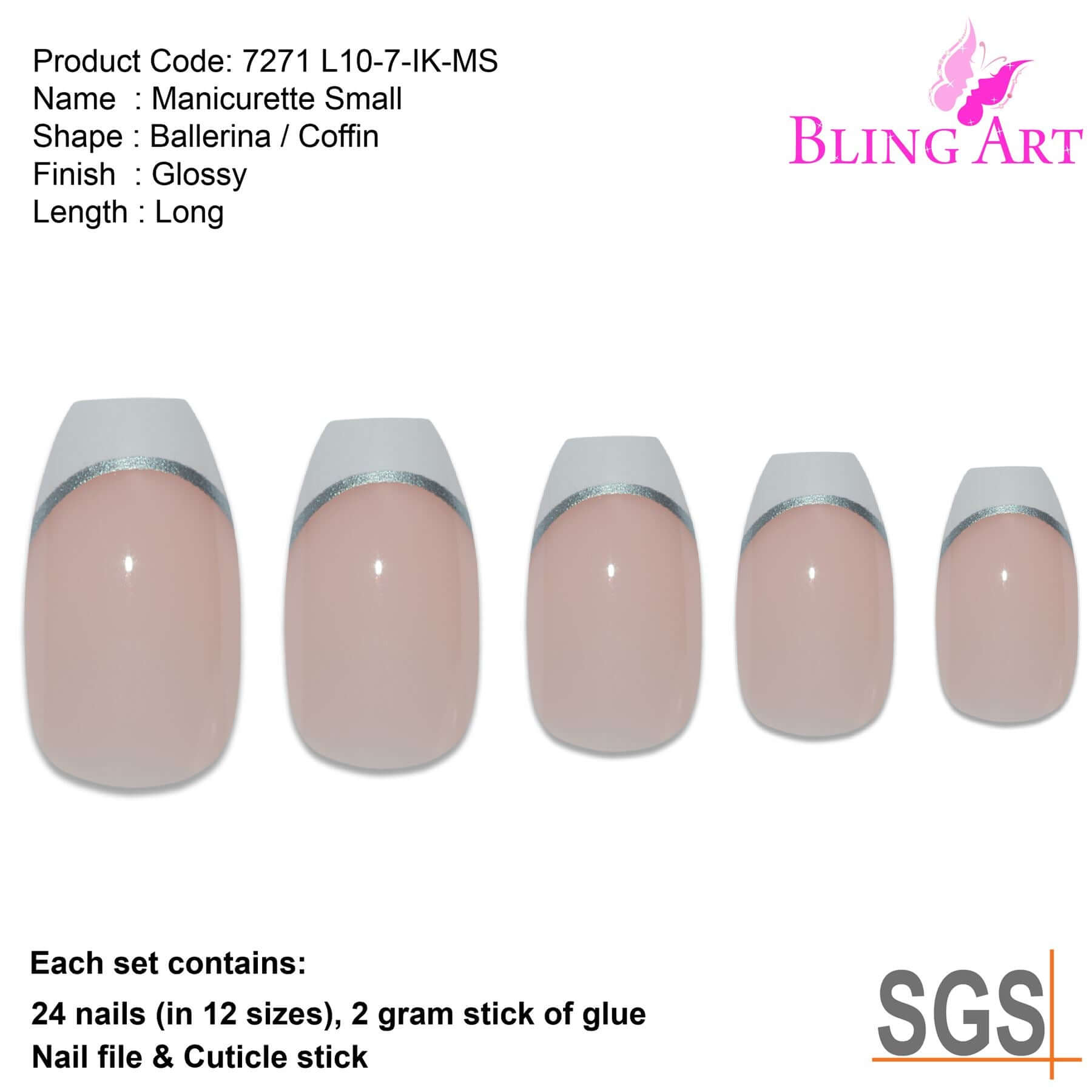 False Nails by Bling Art White Silver Polished Ballerina Coffin Fake 24 Nail Tips