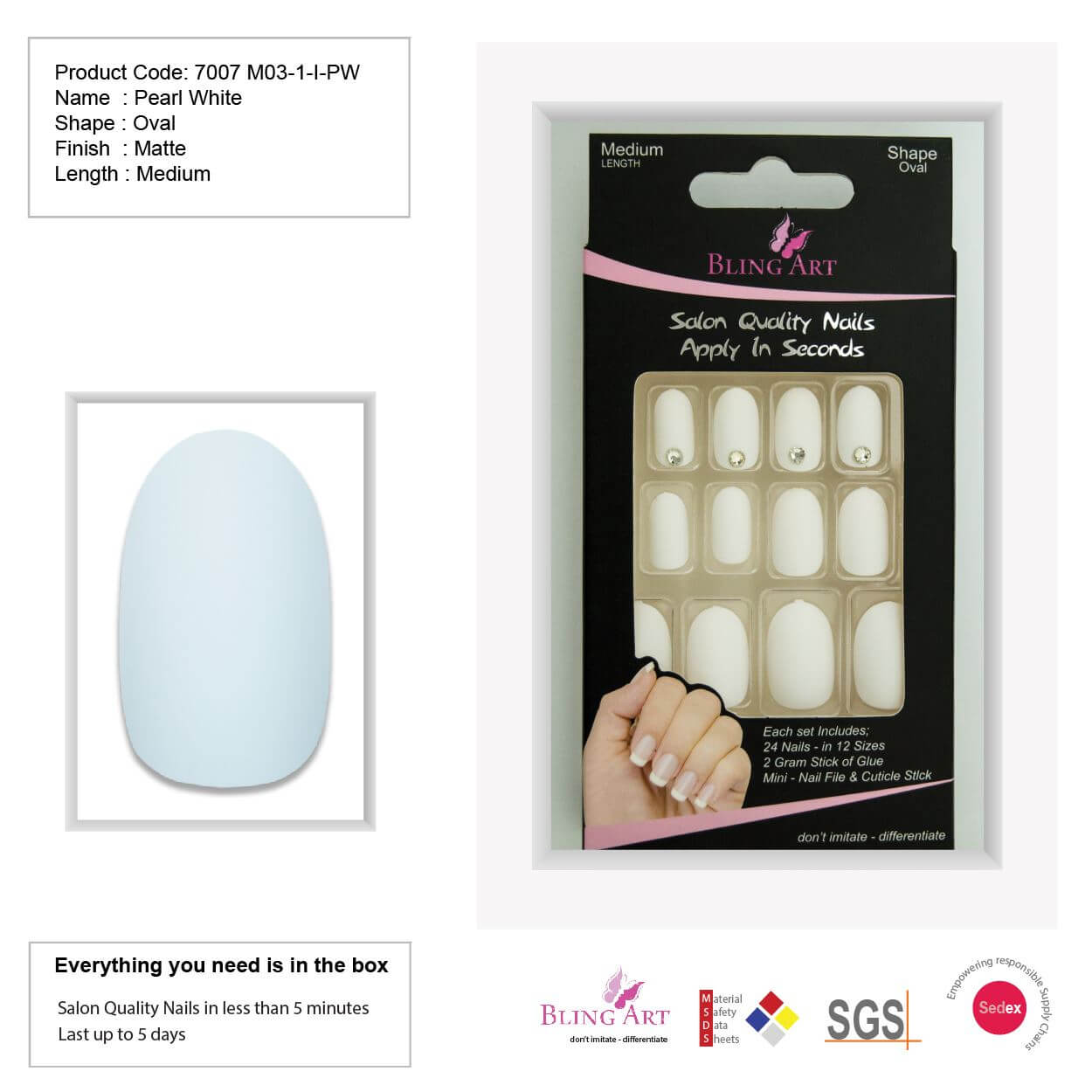 False Nails by Bling Art White Matte Oval Medium Bling Art Fake Acrylic 24 Tips 2g Glue