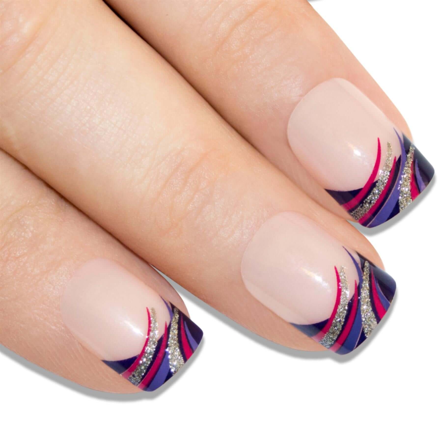 False Nails Bling Art Glitter Purple French Manicure Fake Medium Tips with Glue