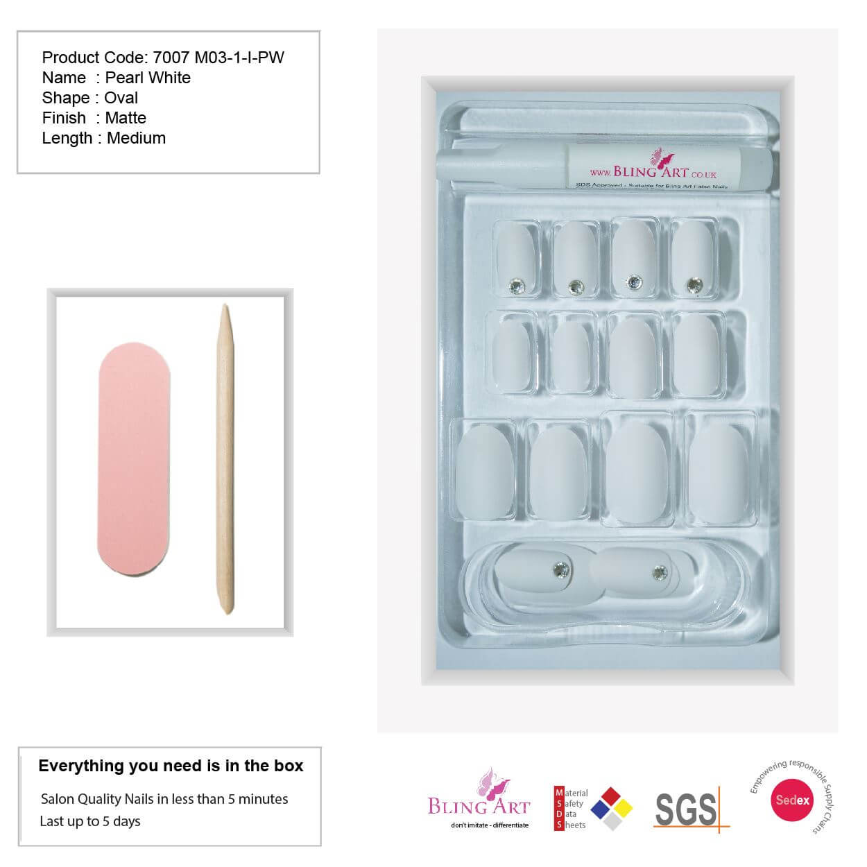 False Nails by Bling Art White Matte Oval Medium Bling Art Fake Acrylic 24 Tips 2g Glue