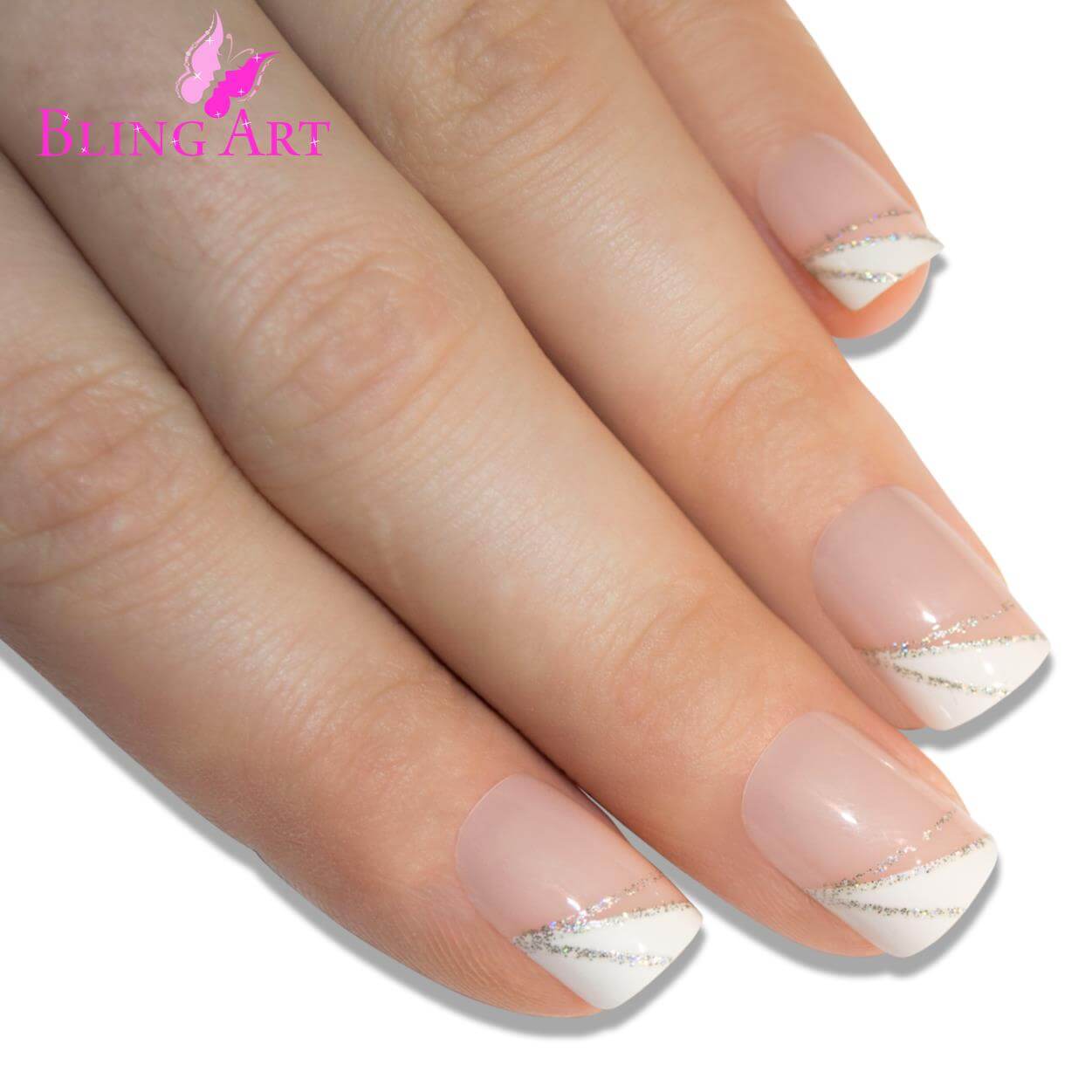 False Nails by Bling Art Glitter White French Manicure Fake Medium Tips with Glue