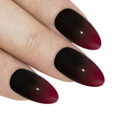 Red Black Almond press-on false nails by Bling Art — 24 long tips, salon-quality finish, no UV needed.