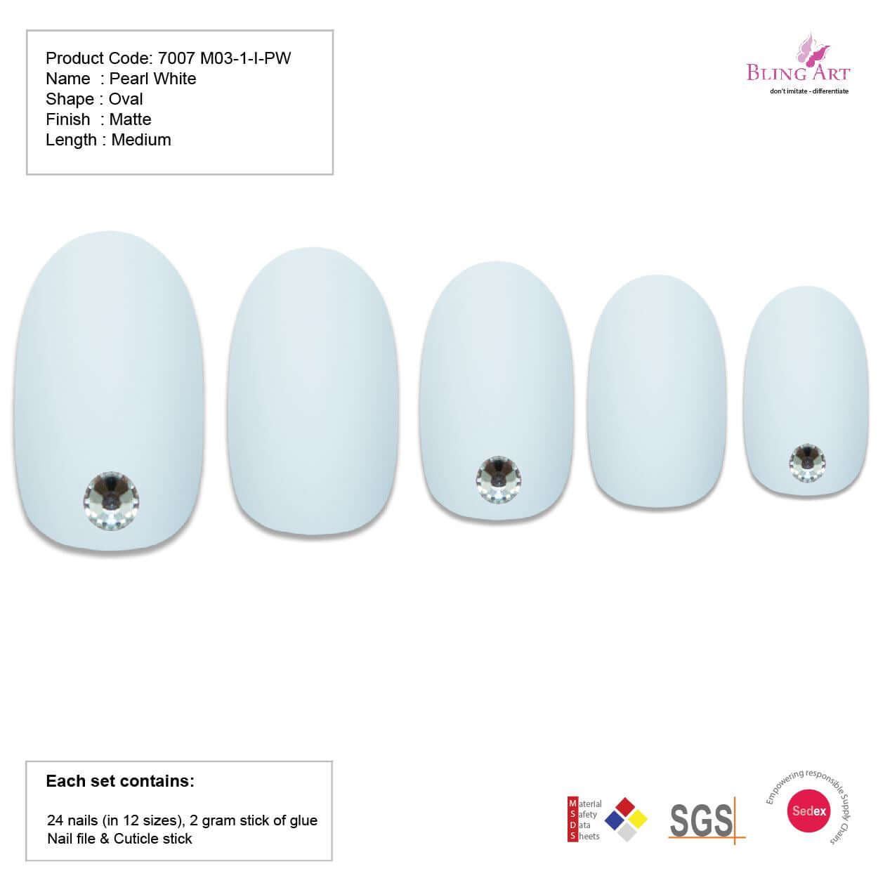 False Nails by Bling Art White Matte Oval Medium Bling Art Fake Acrylic 24 Tips 2g Glue