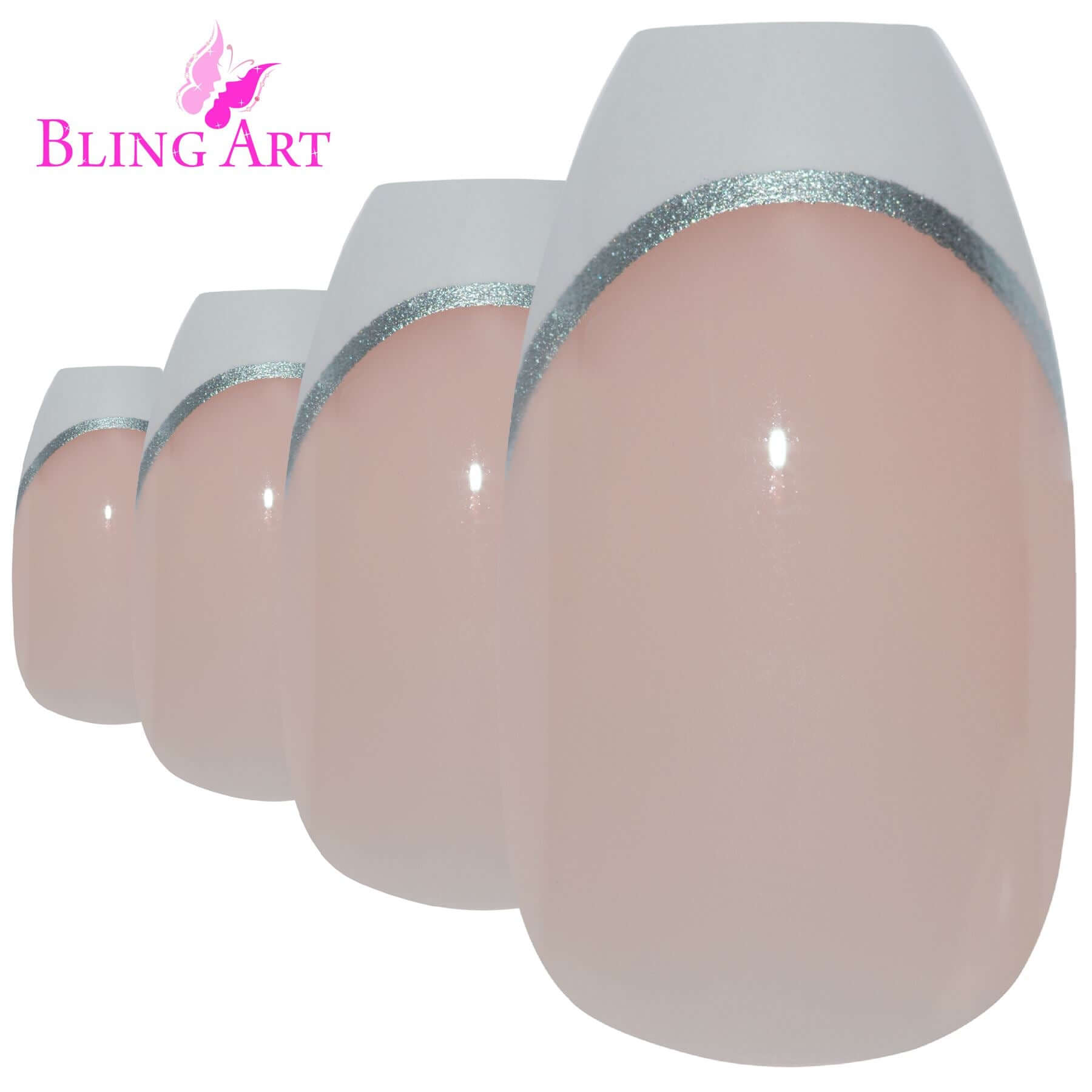 False Nails by Bling Art White Silver Polished Ballerina Coffin Fake 24 Nail Tips