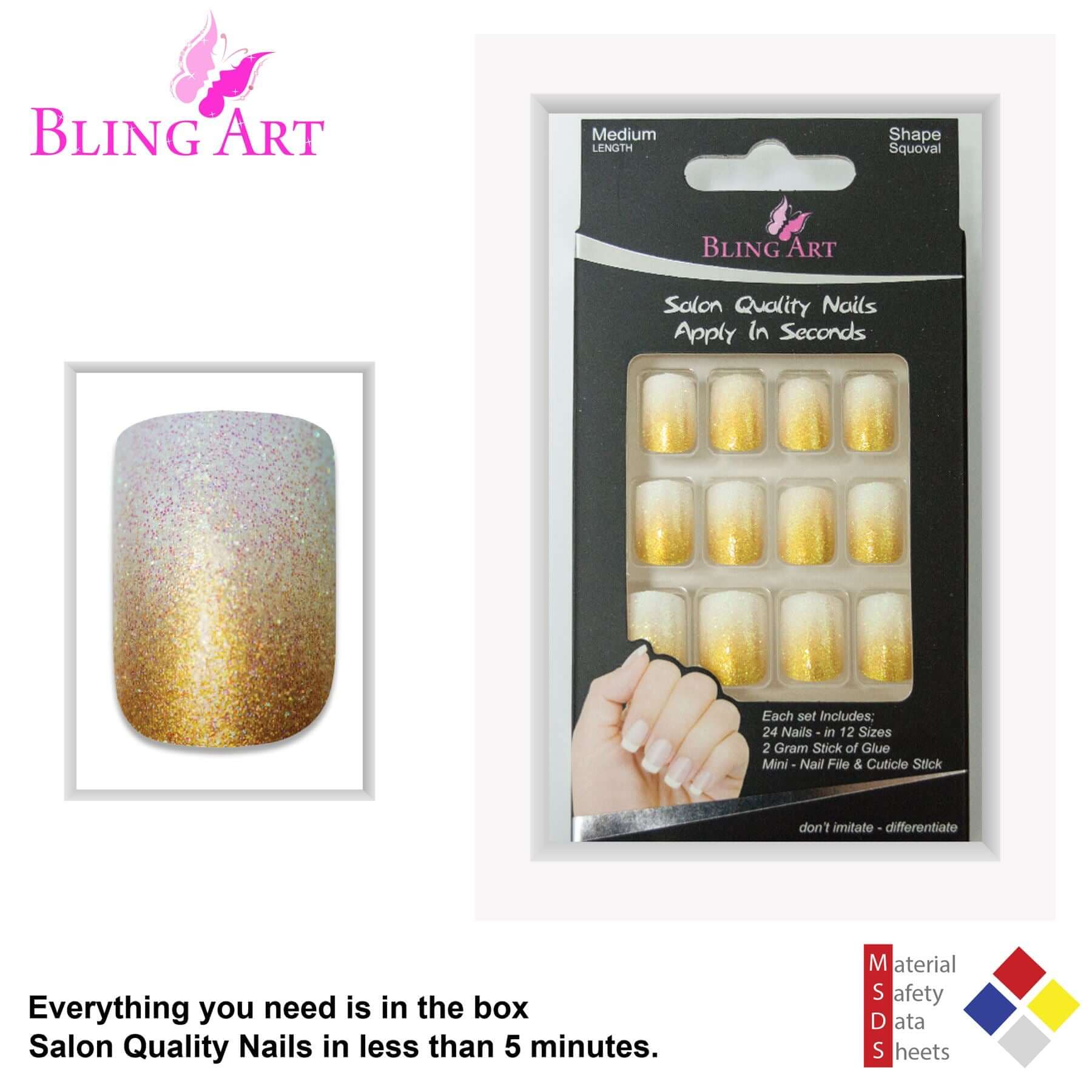 False Nails by Bling Art Gold Gel Ombre French Squoval Fake Medium Acrylic Tips