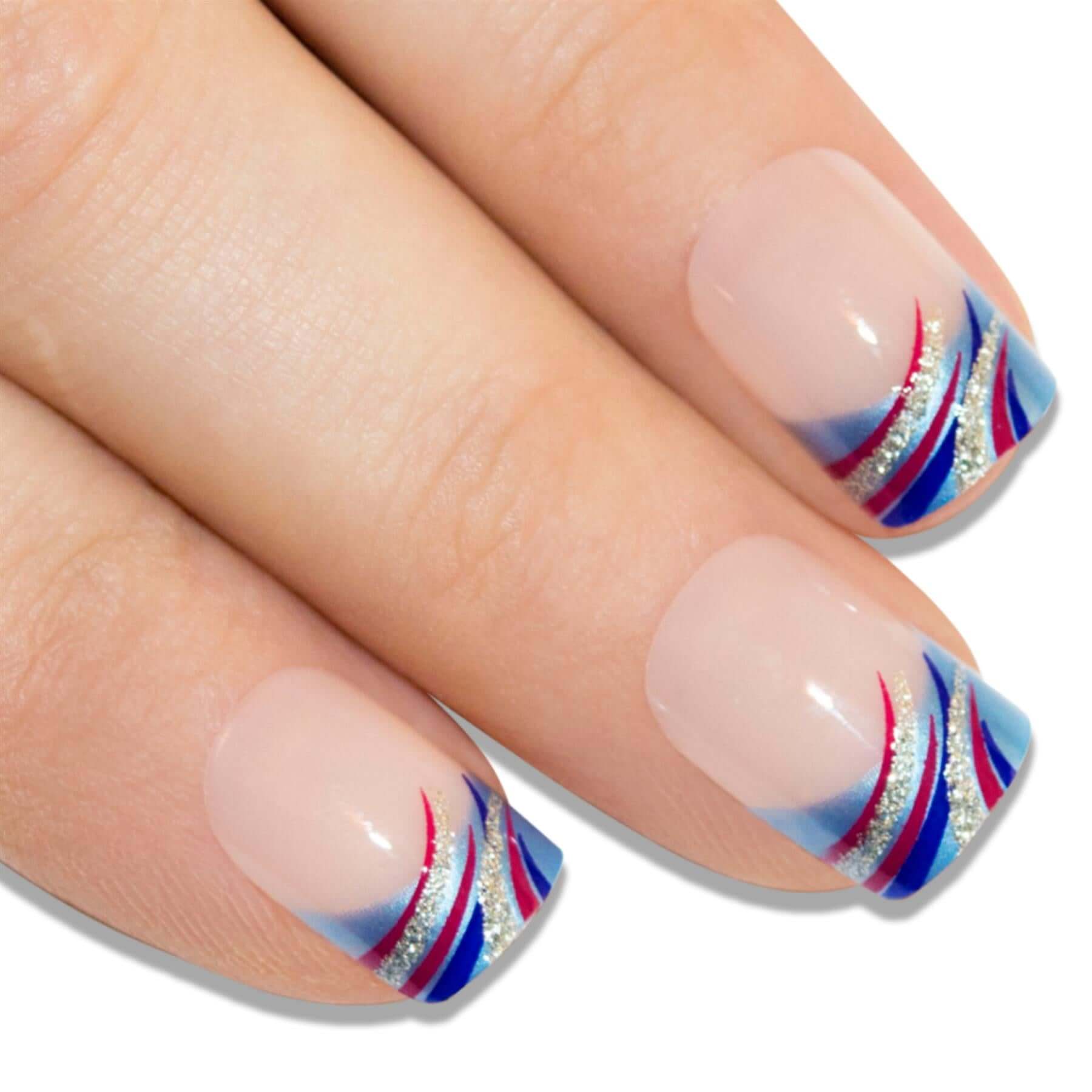 False Nails by Bling Art Glitter Blue French Manicure Fake Medium Tips with Glue