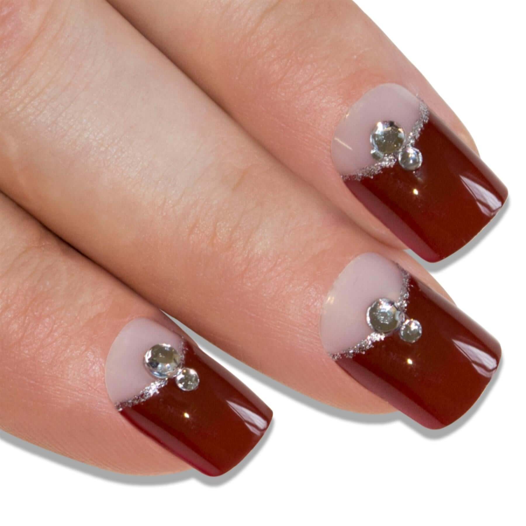 False Nails by Bling Art Red Brown French Manicure Fake Medium Tips with Glue