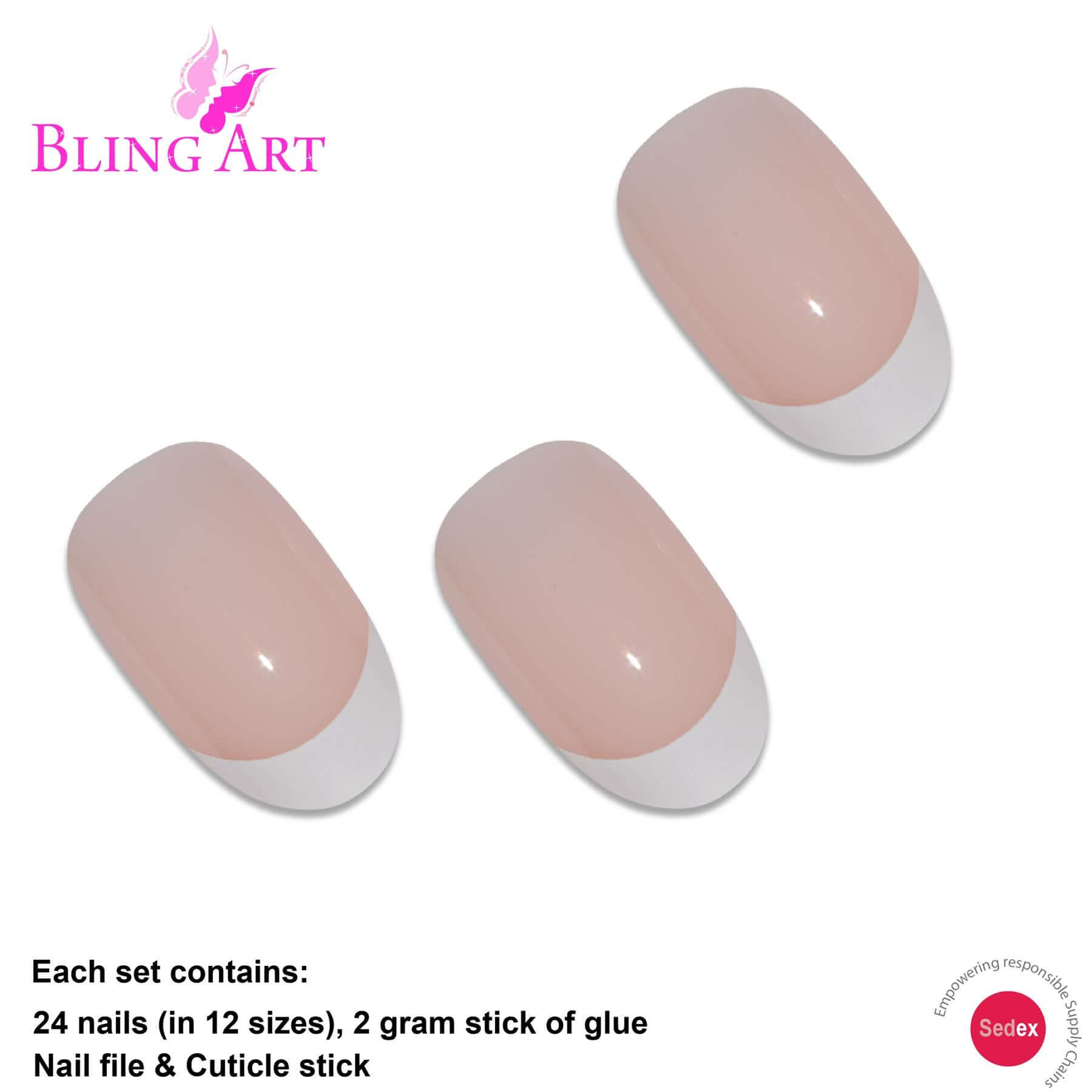 False Nails by Bling Art White French Polished Oval Medium Fake 24 Nail Tips