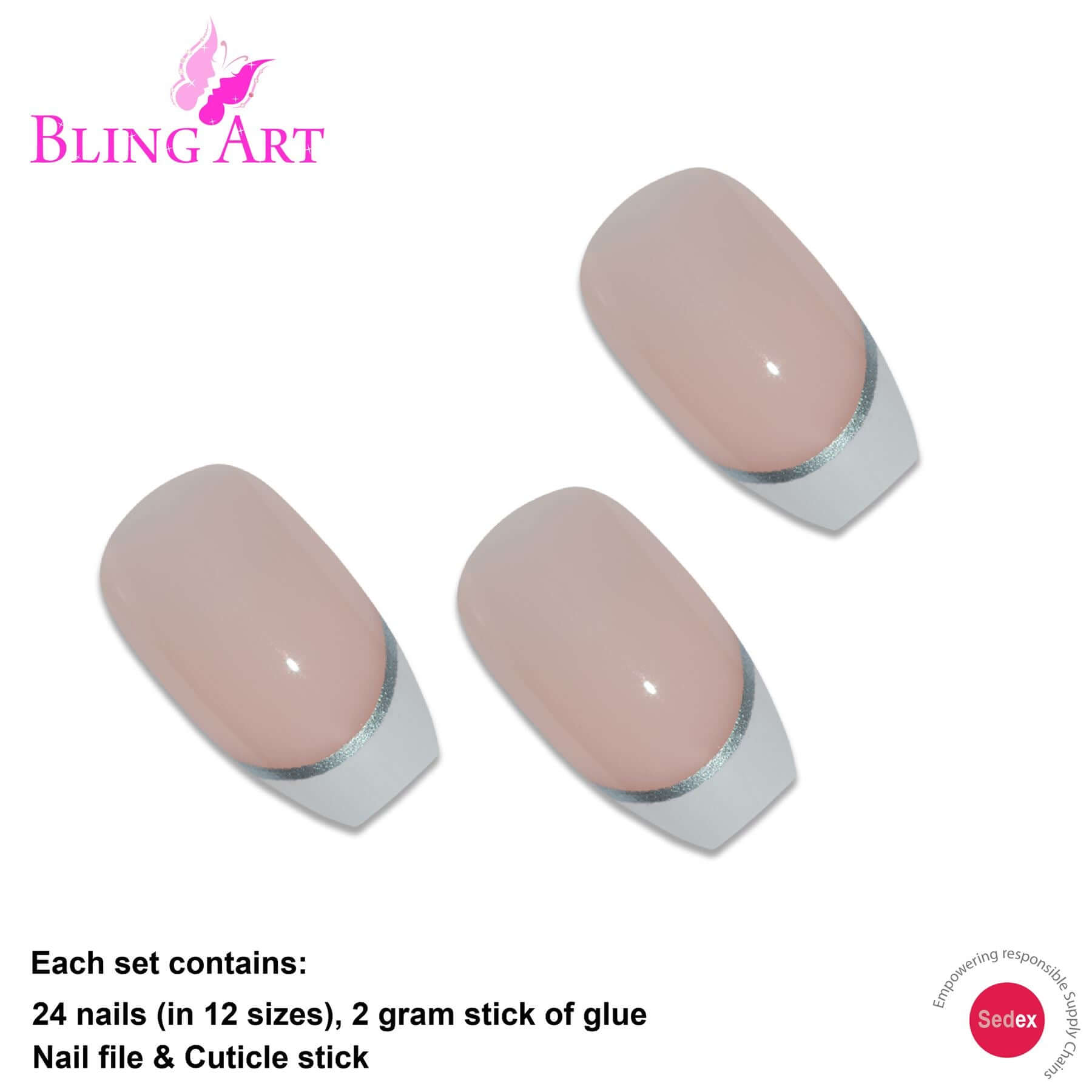 False Nails by Bling Art White Silver Polished Ballerina Coffin Fake 24 Nail Tips