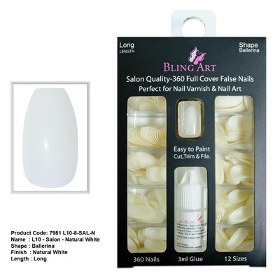 Natural-tone 360-degree coffin ballerina long professional nail tips by Bling Art — blank canvas for nail technicians and home customisation · natural acrylic finish ready for polish or design · long coffin ballerina tips · 24-pack professional set · designed in Yorkshire