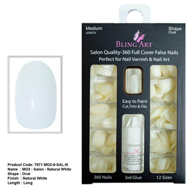 Natural-tone 360-degree oval medium professional nail tips by Bling Art — blank canvas for nail technicians and home customisation · natural acrylic finish ready for polish or design · medium-length oval tips · 24-pack professional set · designed in Yorkshire