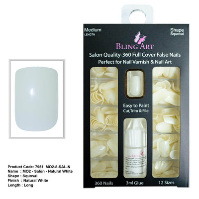Natural-tone 360-degree squoval long professional nail tips by Bling Art — blank canvas for nail technicians and home customisation · natural acrylic finish ready for polish or design · long squoval tips · 24-pack professional set · designed in Yorkshire