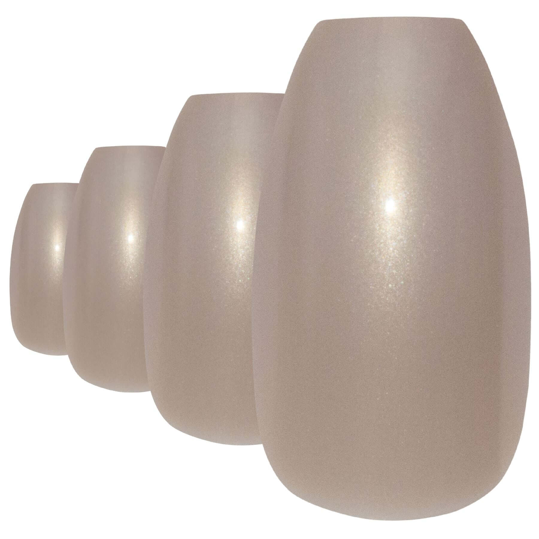 Soft warm-beige glitter ballerina coffin long press-on false nails by Bling Art — soft sparkle for weddings, romantic occasions, and elegant evenings · embedded fine beige glitter · long ballerina coffin tips · 24 nails per set with adhesive · designed in Yorkshire