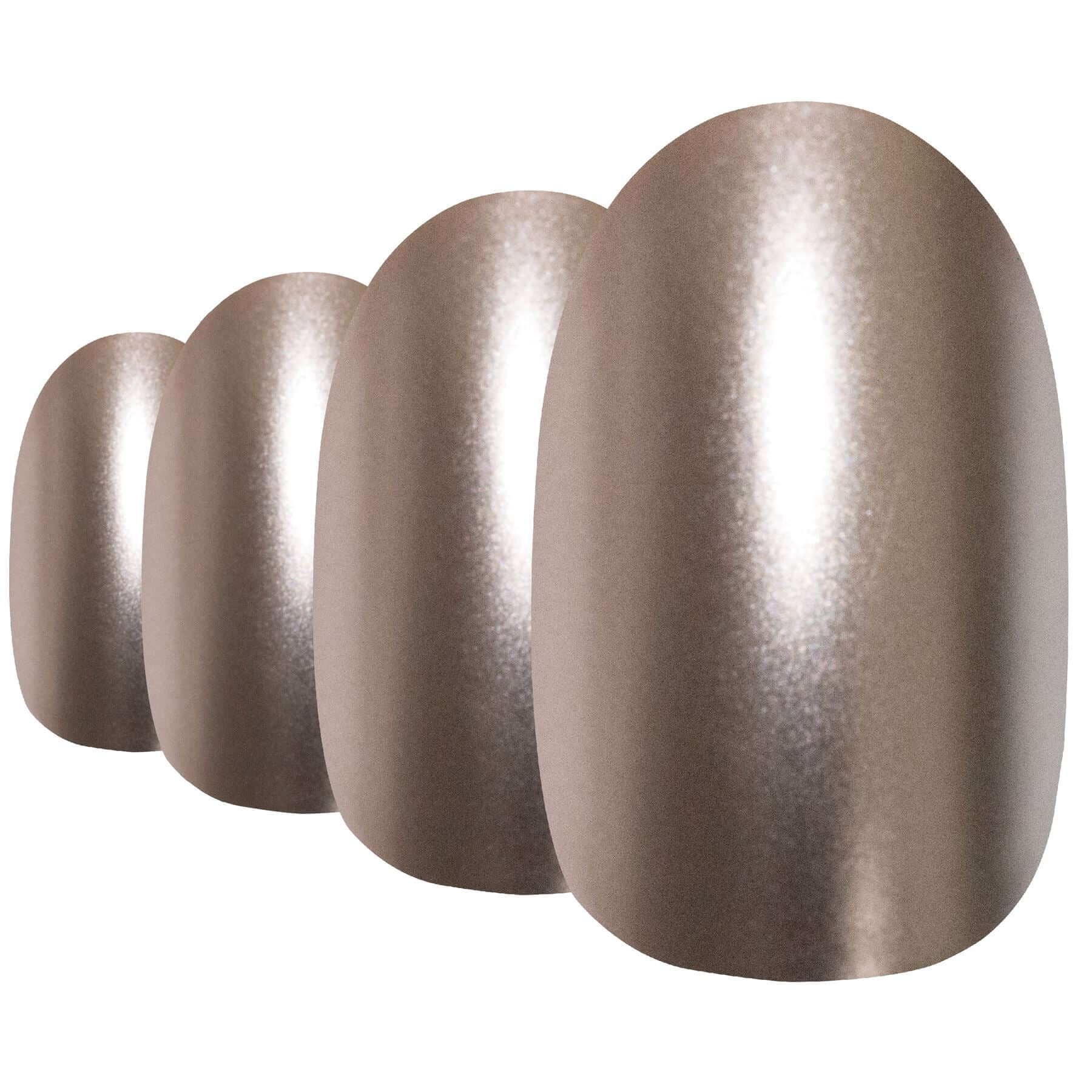 Soft warm-beige matte-metallic oval-shaped press-on false nails by Bling Art — understated metallic for office, everyday, and elegant casual wear · chrome-finish metallic with velvet matte texture · medium-length oval tips · 24 nails per set with adhesive · designed in Yorkshire