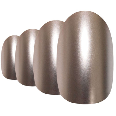 Beige matte metallic oval Bling Art press-on nails — worn-hand close-up showing warm-beige chrome with velvet matte texture on oval tips.