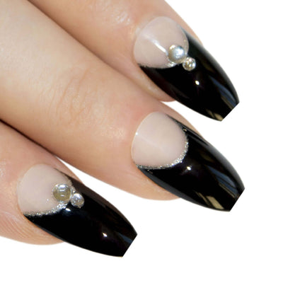 Deep jet black crystal-polish ballerina coffin long press-on false nails by Bling Art — bold long-length statement for parties, editorial events, and trend-led looks · high-shine crystal-polished finish · long ballerina coffin tips · 24 nails per set with adhesive · designed in Yorkshire
