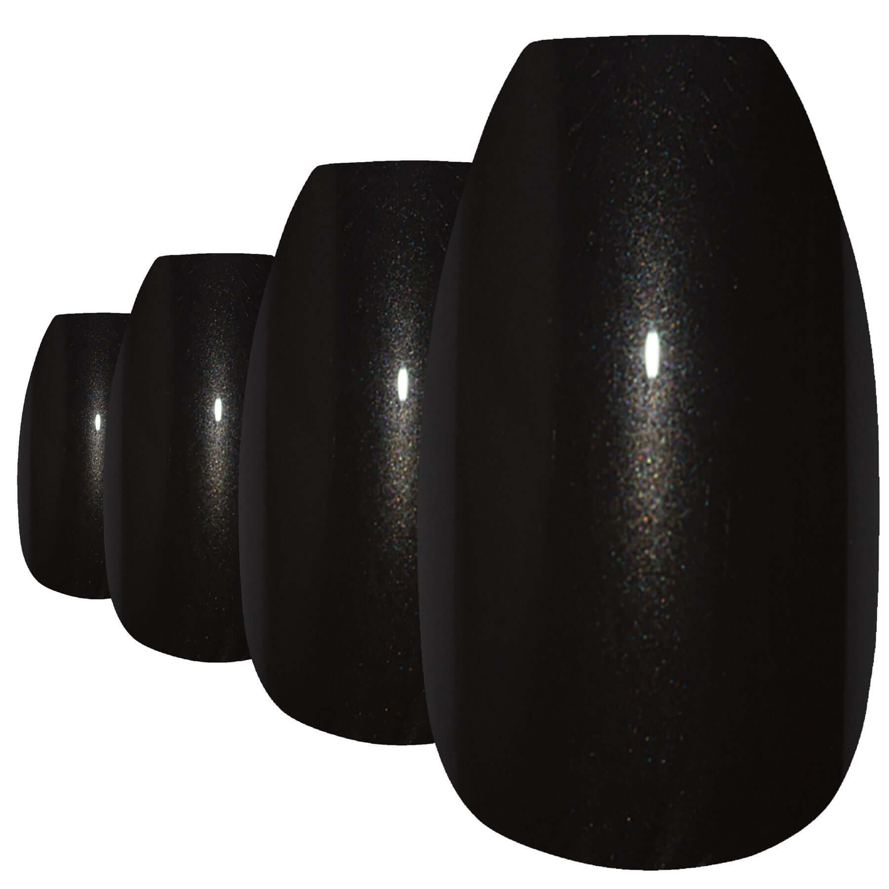 Deep jet black glitter ballerina coffin long press-on false nails by Bling Art — evening glamour for parties, New Year, and statement events · embedded fine black glitter · long ballerina coffin tips · 24 nails per set with adhesive · designed in Yorkshire