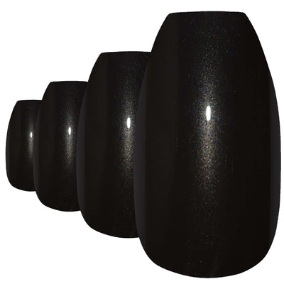 Deep jet black glitter ballerina coffin long press-on false nails by Bling Art — evening glamour for parties, New Year, and statement events · embedded fine black glitter · long ballerina coffin tips · 24 nails per set with adhesive · designed in Yorkshire