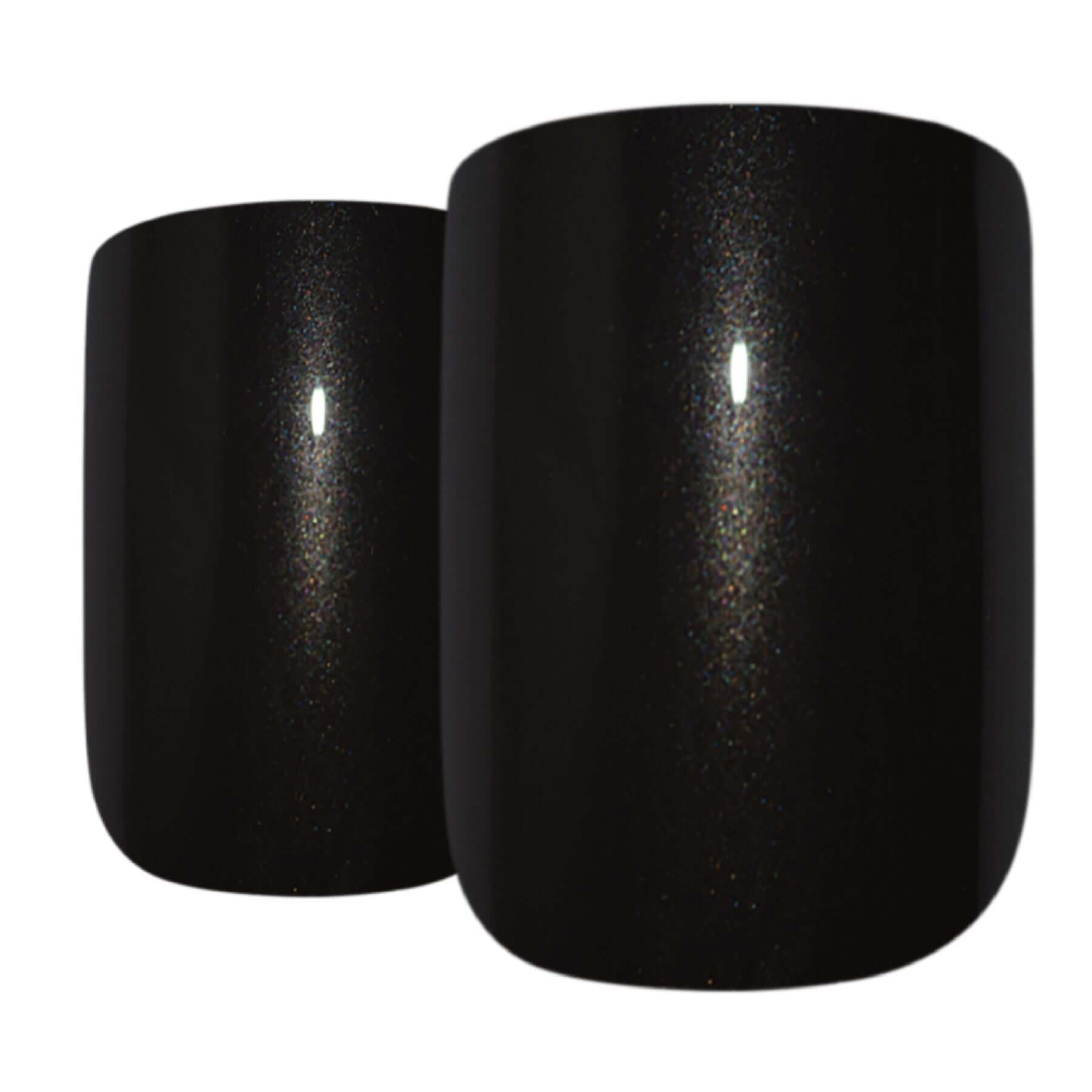 Deep jet black glitter French squoval press-on false nails by Bling Art — evening glamour for parties, New Year, and editorial events · embedded fine black glitter with French tip · medium-length squoval tips · 24 nails per set with adhesive · designed in Yorkshire