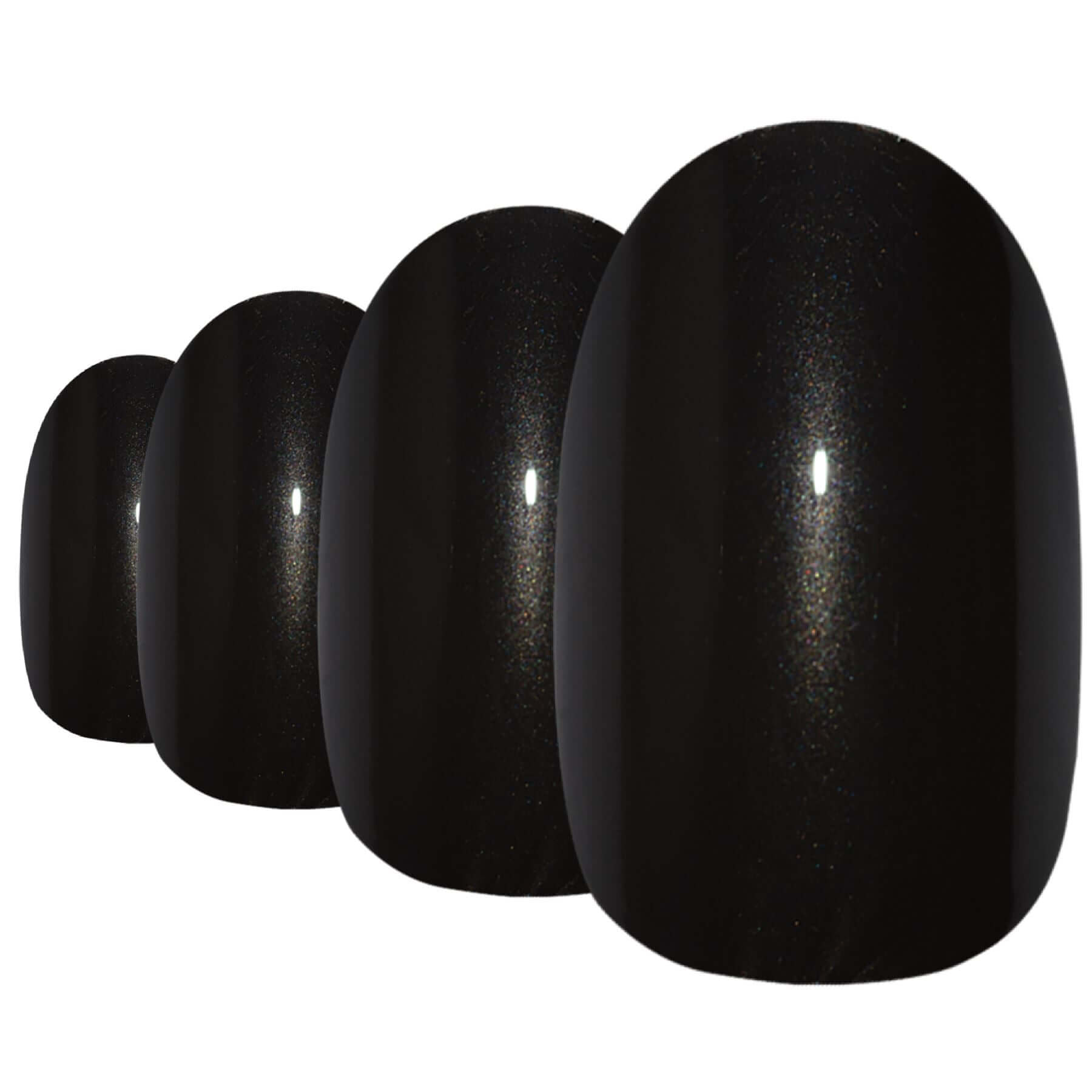 Deep jet black glitter-finish oval-shaped press-on false nails by Bling Art — evening glamour for parties, New Year, and statement events · embedded fine glitter sparkle · medium-length oval tips · 24 nails per set with adhesive · designed in Yorkshire