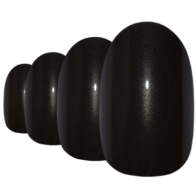 Deep jet black glitter-finish oval-shaped press-on false nails by Bling Art — evening glamour for parties, New Year, and statement events · embedded fine glitter sparkle · medium-length oval tips · 24 nails per set with adhesive · designed in Yorkshire