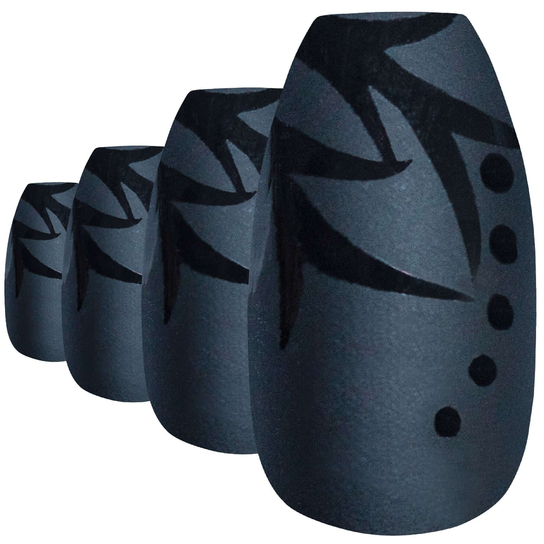 Black leaf-pattern matte ballerina coffin press-on false nails by Bling Art — modern botanical statement for parties, festivals, and editorial events · smooth velvet matte texture with leaf design · long ballerina coffin tips · 24 nails per set with adhesive · designed in Yorkshire