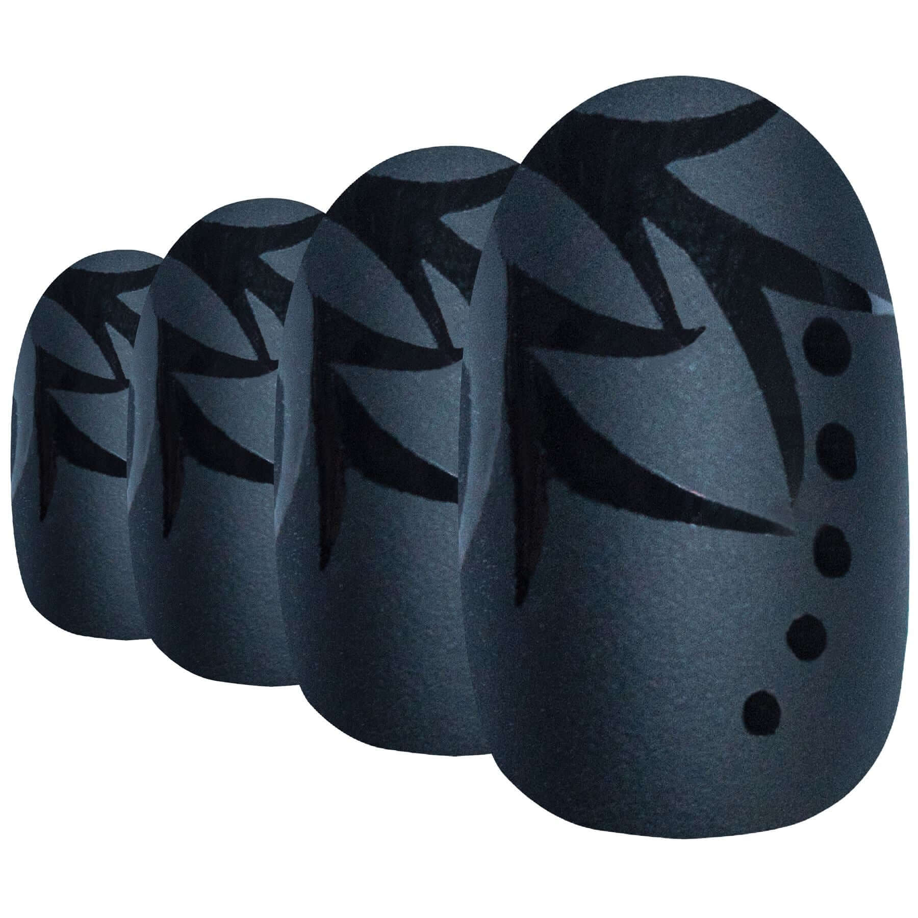 Black leaf-pattern matte oval-shaped press-on false nails by Bling Art — modern botanical statement for parties, festivals, and editorial events · smooth velvet matte texture with leaf design · medium-length oval tips · 24 nails per set with adhesive · designed in Yorkshire
