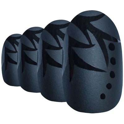 Black leaf-pattern matte oval-shaped press-on false nails by Bling Art — modern botanical statement for parties, festivals, and editorial events · smooth velvet matte texture with leaf design · medium-length oval tips · 24 nails per set with adhesive · designed in Yorkshire