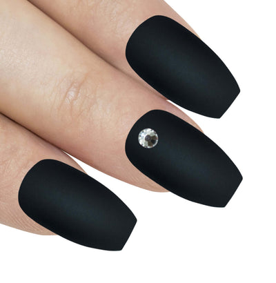 Deep jet black matte ballerina coffin long press-on false nails by Bling Art — modern edge for evening wear and editorial styling · smooth velvet matte texture · long ballerina coffin tips · 24 nails per set with adhesive · designed in Yorkshire