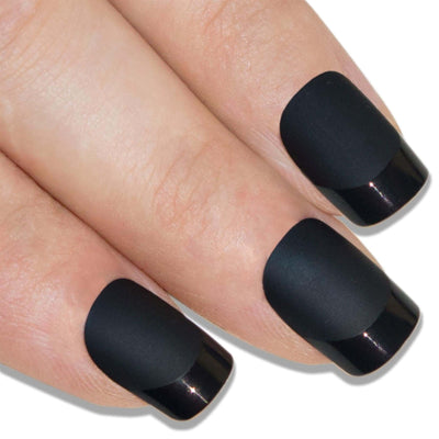 Deep jet black matte French manicure press-on false nails by Bling Art — modern edgy twist on the classic French look for evening wear and editorial styling · smooth velvet matte texture with black French tip · medium-length tips · 24 nails per set with adhesive · designed in Yorkshire