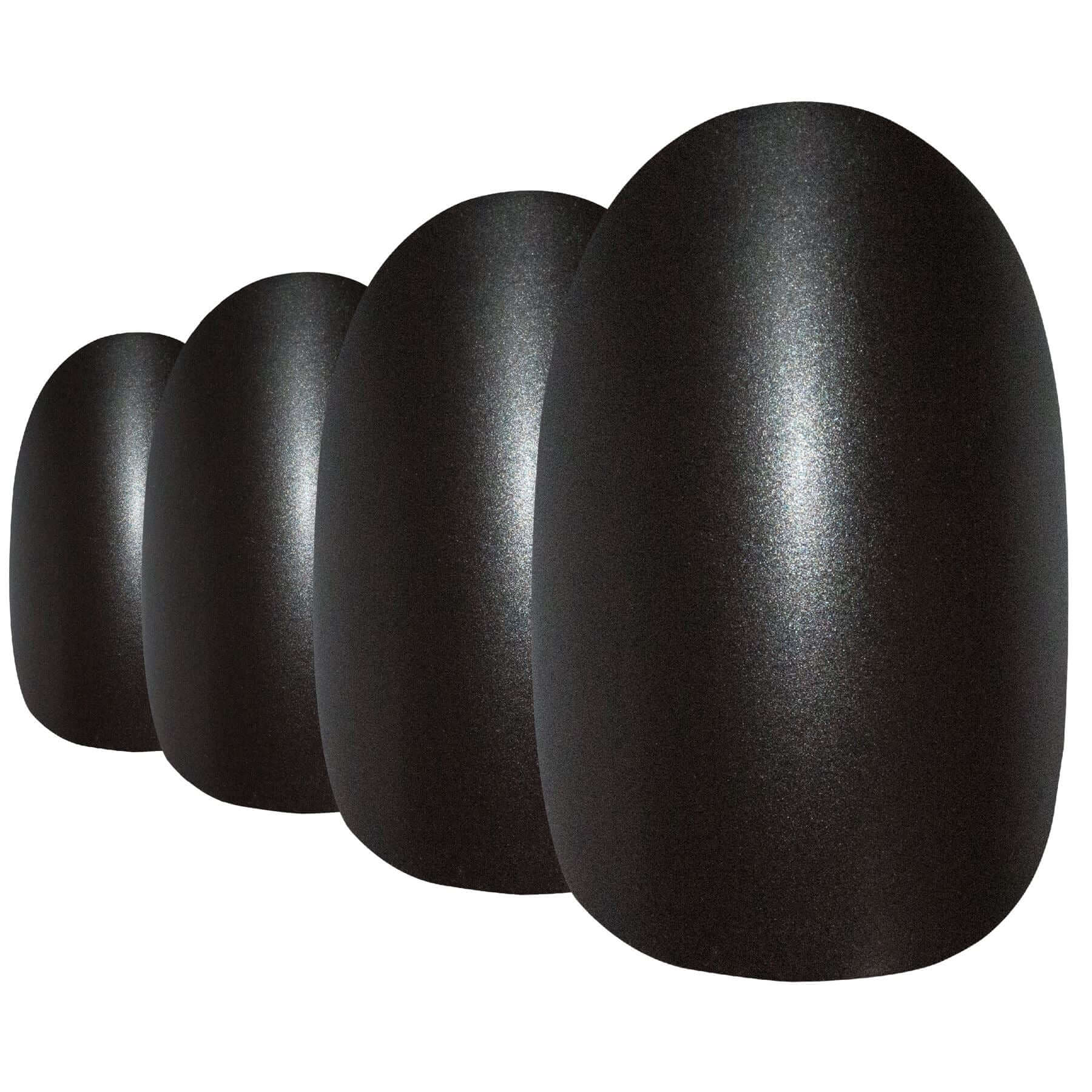 Deep jet black matte-metallic oval-shaped press-on false nails by Bling Art — modern editorial statement for evening events and trend-led looks · chrome-finish metallic with velvet matte texture · medium-length oval tips · 24 nails per set with adhesive · designed in Yorkshire