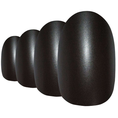 Deep jet black matte-metallic oval-shaped press-on false nails by Bling Art — modern editorial statement for evening events and trend-led looks · chrome-finish metallic with velvet matte texture · medium-length oval tips · 24 nails per set with adhesive · designed in Yorkshire