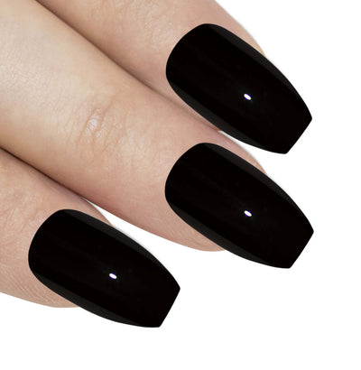 Deep jet black high-polish ballerina coffin long press-on false nails by Bling Art — sleek bold-length statement for evening wear and editorial styling · high-shine polished finish · long ballerina coffin tips · 24 nails per set with adhesive · designed in Yorkshire