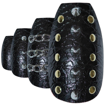 Black punk-style ballerina coffin long press-on false nails by Bling Art — fierce bold-length statement for parties, festivals, and editorial events · high-shine finish with punk-style design · long ballerina coffin tips · 24 nails per set with adhesive · designed in Yorkshire