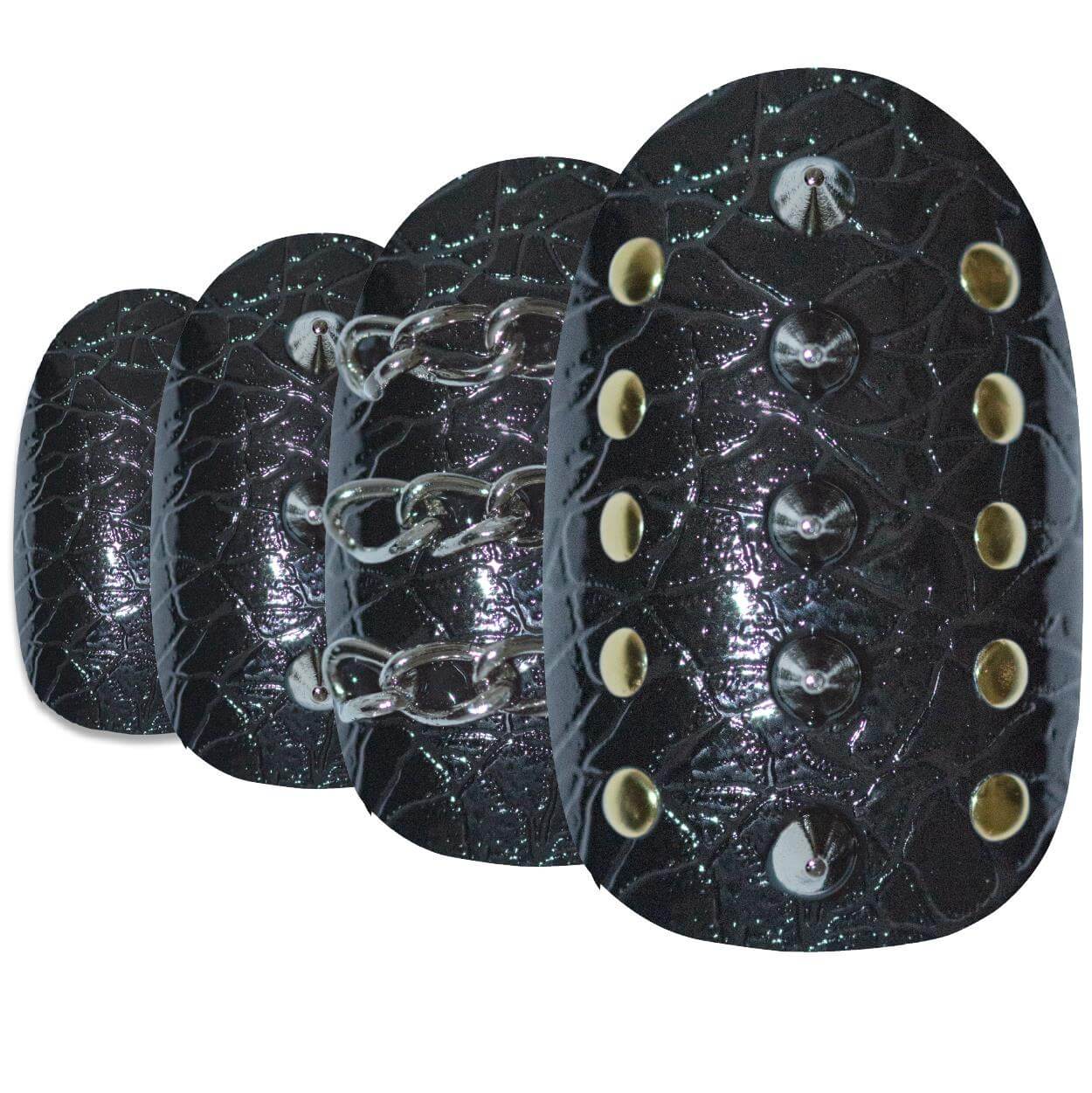 Black punk-style oval-shaped press-on false nails by Bling Art — bold edgy statement for parties, festivals, and trend-led looks · high-shine finish with punk-style design · medium-length oval tips · 24 nails per set with adhesive · designed in Yorkshire