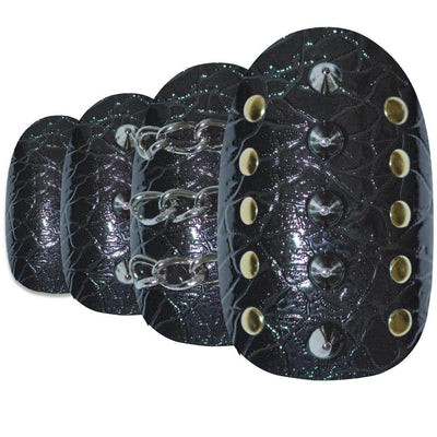 Black punk-style oval-shaped press-on false nails by Bling Art — bold edgy statement for parties, festivals, and trend-led looks · high-shine finish with punk-style design · medium-length oval tips · 24 nails per set with adhesive · designed in Yorkshire