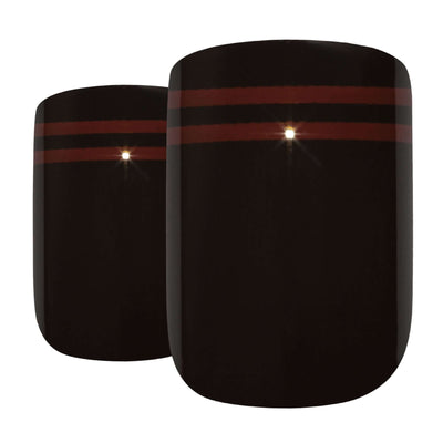 Glossy black and red French squoval press-on false nails by Bling Art — rock-romantic two-tone statement for parties and statement evenings · high-shine glossy finish with French tip · medium-length squoval tips · 24 nails per set with adhesive · designed in Yorkshire