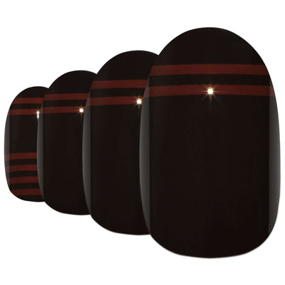 Two-tone deep jet black and crimson red glossy oval-shaped press-on false nails by Bling Art — bold rock-romantic statement for parties and date nights · high-shine glossy finish · medium-length oval tips · 24 nails per set with adhesive · designed in Yorkshire