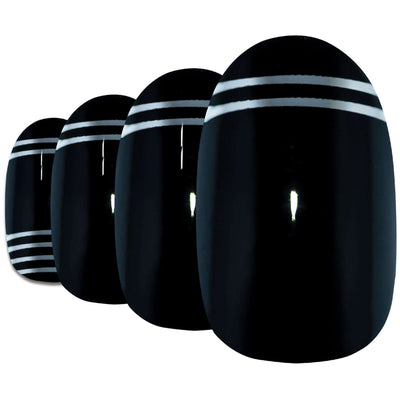 Two-tone jet black and chrome silver glossy oval-shaped press-on false nails by Bling Art — bold two-tone statement for parties, editorial events, and trend-led looks · high-shine glossy finish · medium-length oval tips · 24 nails per set with adhesive · designed in Yorkshire