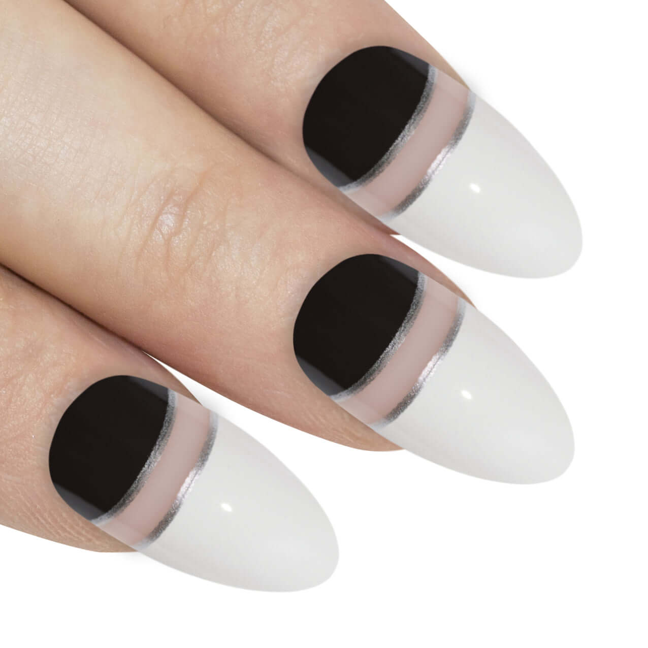 Two-tone jet black and pearl white glossy almond stiletto long press-on false nails by Bling Art — high-contrast monochrome statement for parties and editorial events · high-shine glossy finish · long almond stiletto tips · 24 nails per set with adhesive · designed in Yorkshire