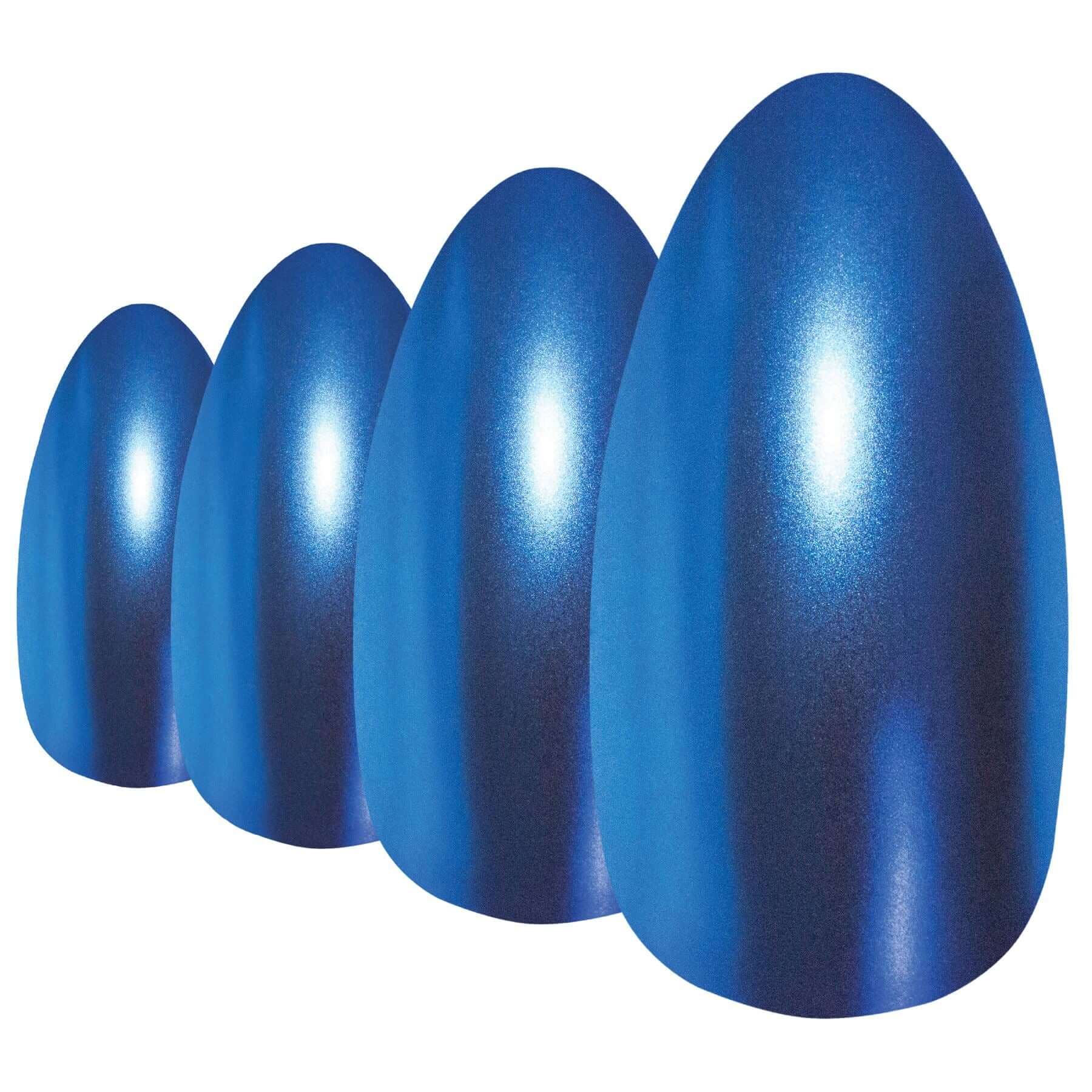 Vivid ocean blue matte-metallic almond stiletto long press-on false nails by Bling Art — bold metallic colour for festivals, parties, and statement events · chrome-finish metallic with velvet matte texture · long almond stiletto tips · 24 nails per set with adhesive · designed in Yorkshire