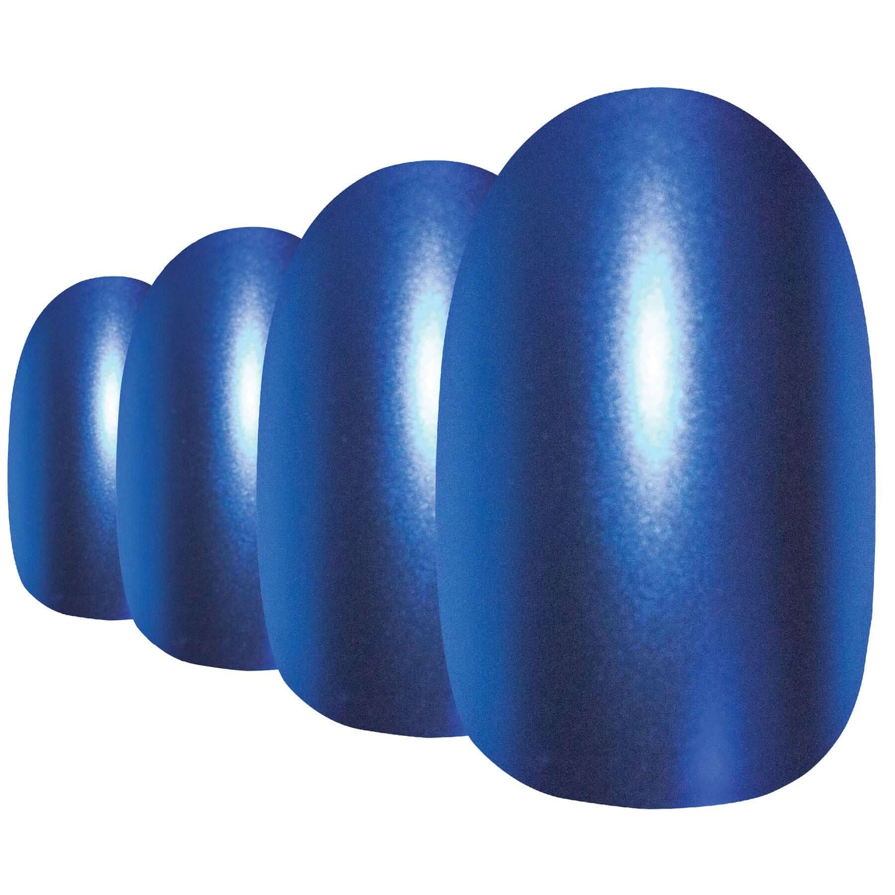 Vivid ocean blue matte-metallic oval-shaped press-on false nails by Bling Art — bold metallic colour for festivals, parties, and statement events · chrome-finish metallic with velvet matte texture · medium-length oval tips · 24 nails per set with adhesive · designed in Yorkshire