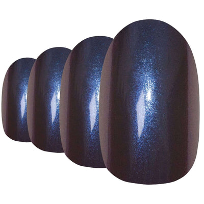Colour-shifting blue-purple chameleon oval-shaped press-on false nails by Bling Art — bold trend-led statement for festivals, parties, and editorial looks · colour-shifting chameleon effect · medium-length oval tips · 24 nails per set with adhesive · designed in Yorkshire