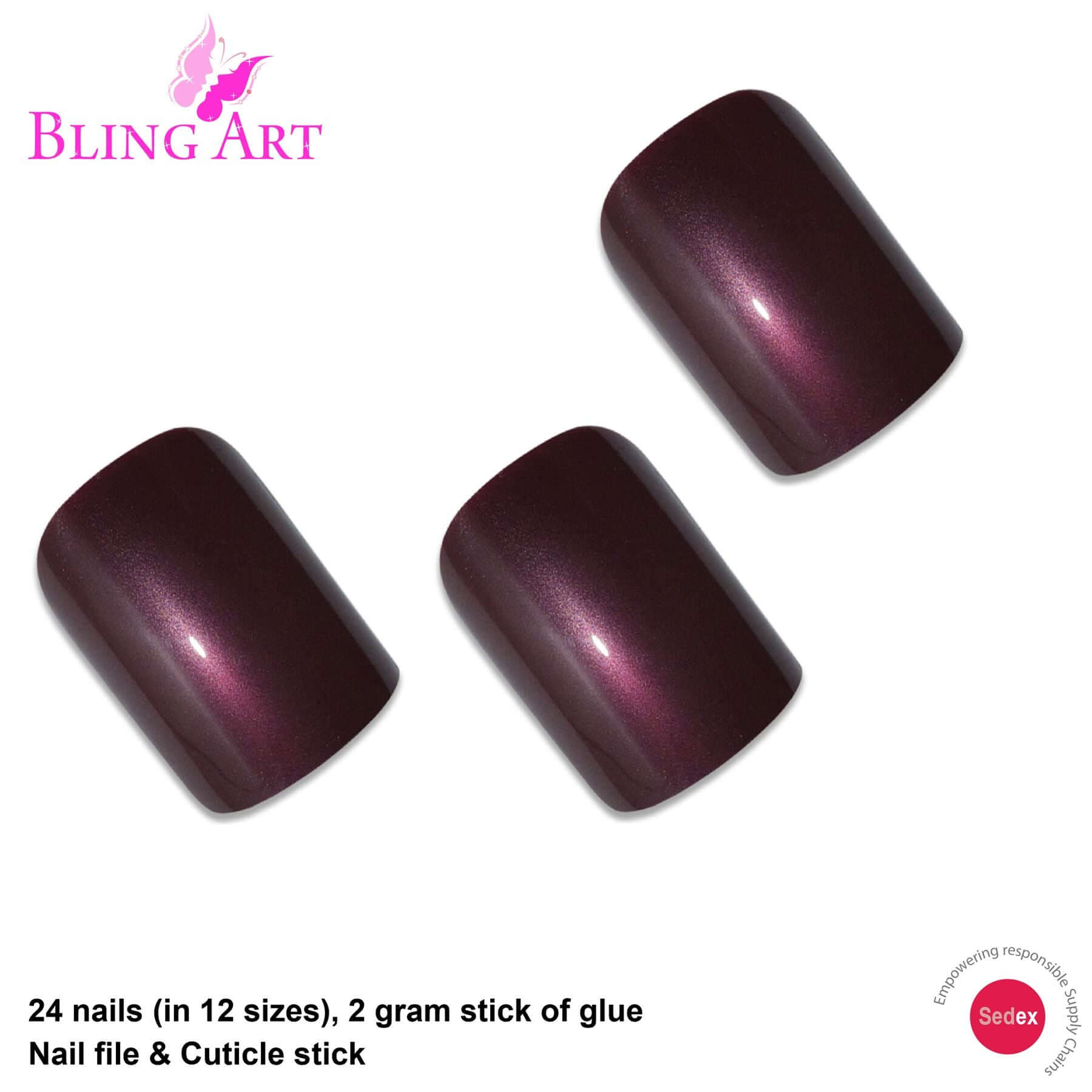 Rich chocolate brown glitter French squoval press-on false nails by Bling Art — autumnal sparkle for weddings, seasonal events, and elegant evenings · embedded fine glitter sparkle with French tip · medium-length squoval tips · 24 nails per set with adhesive · designed in Yorkshire