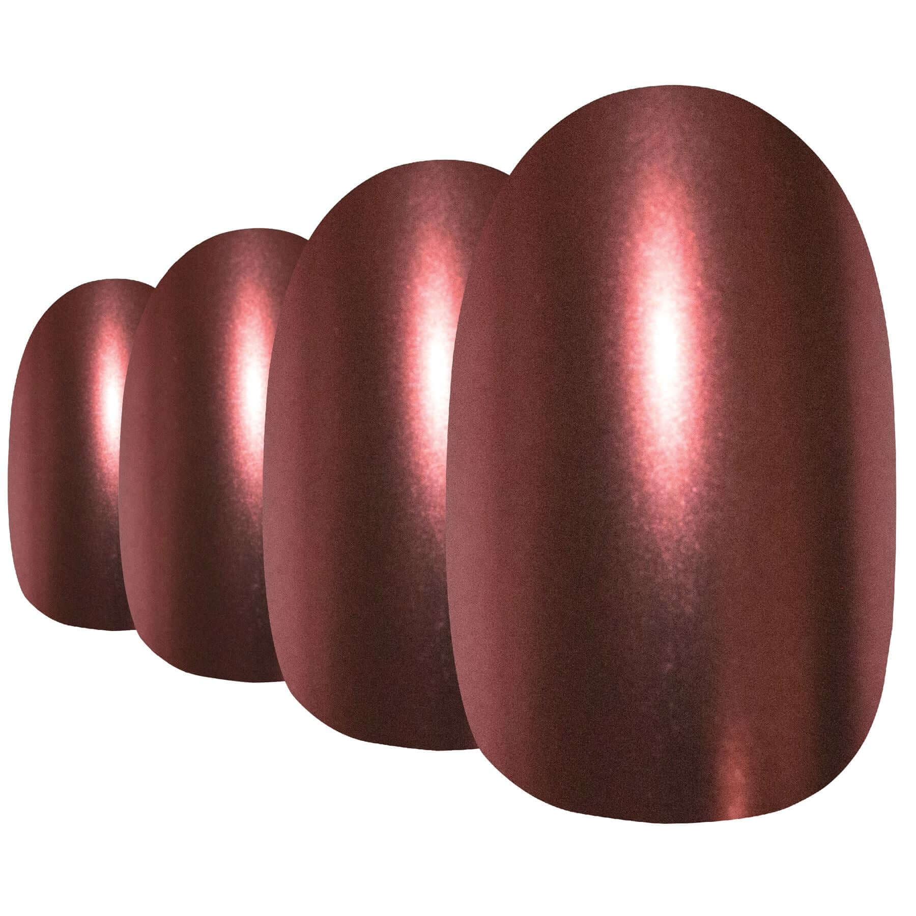 Rich chocolate brown matte-metallic oval-shaped press-on false nails by Bling Art — earthy autumnal elegance for everyday and seasonal wear · chrome-finish metallic with velvet matte texture · medium-length oval tips · 24 nails per set with adhesive · designed in Yorkshire